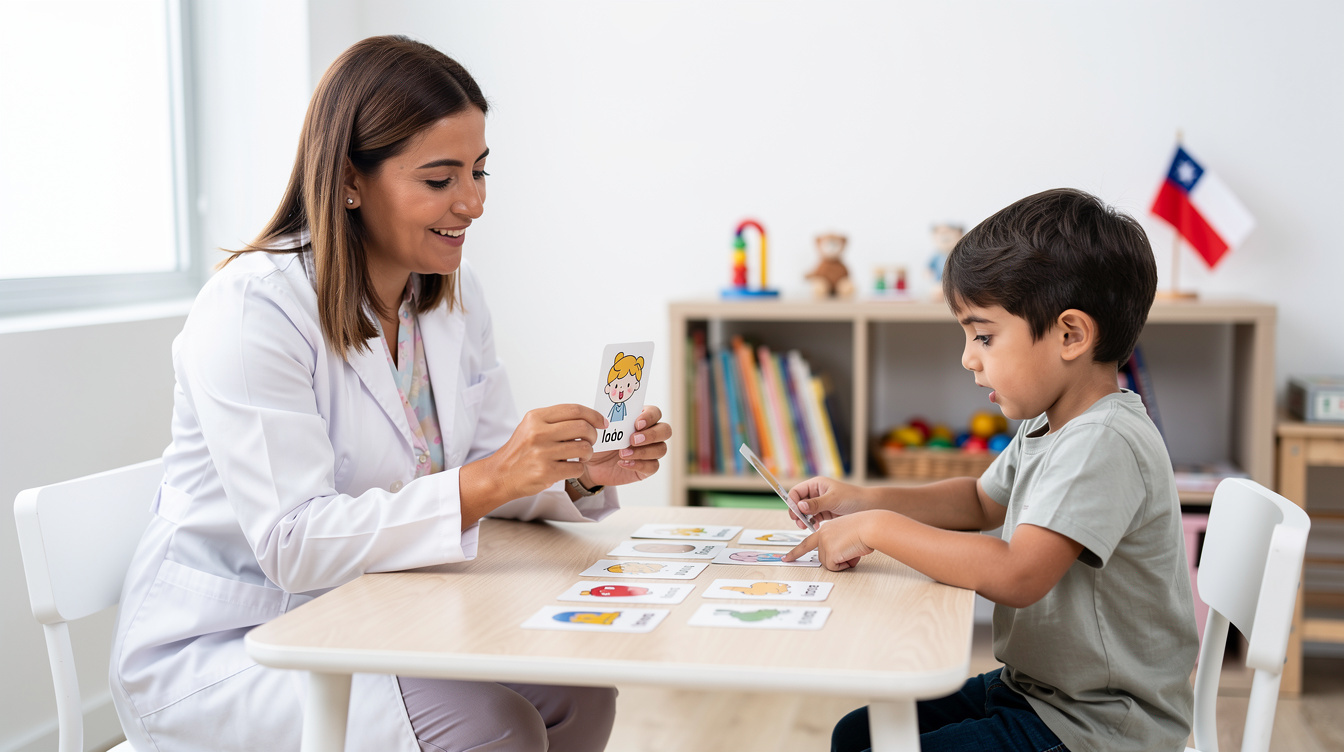 Speech therapist working with a Chilean child during a therapy session
